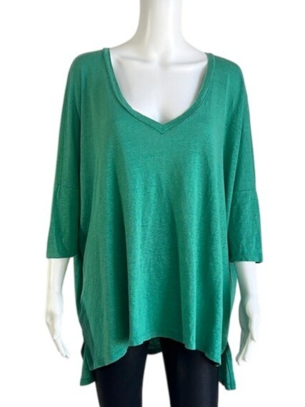 Eileen Fisher Deep V-Neck Linen Top in Green - XS